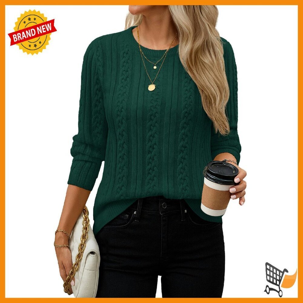 Cable Knit Sweater Long Sleeve Pullover Crew Neck Lightweight